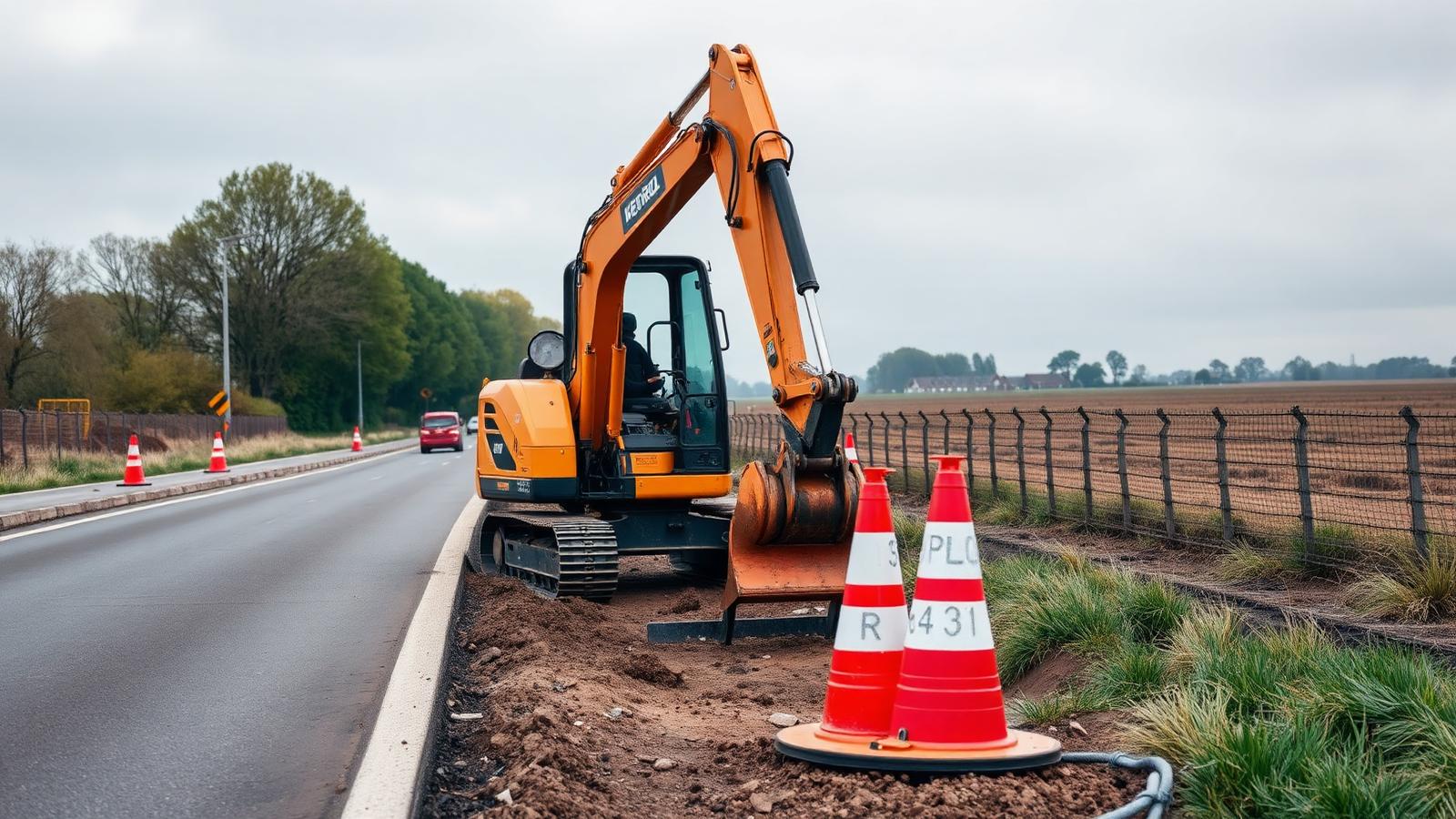 Graafmachine langs een provinciale weg