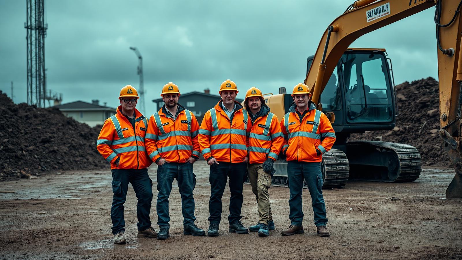 Team grondwerkers in hi-vis bij een graafmachine